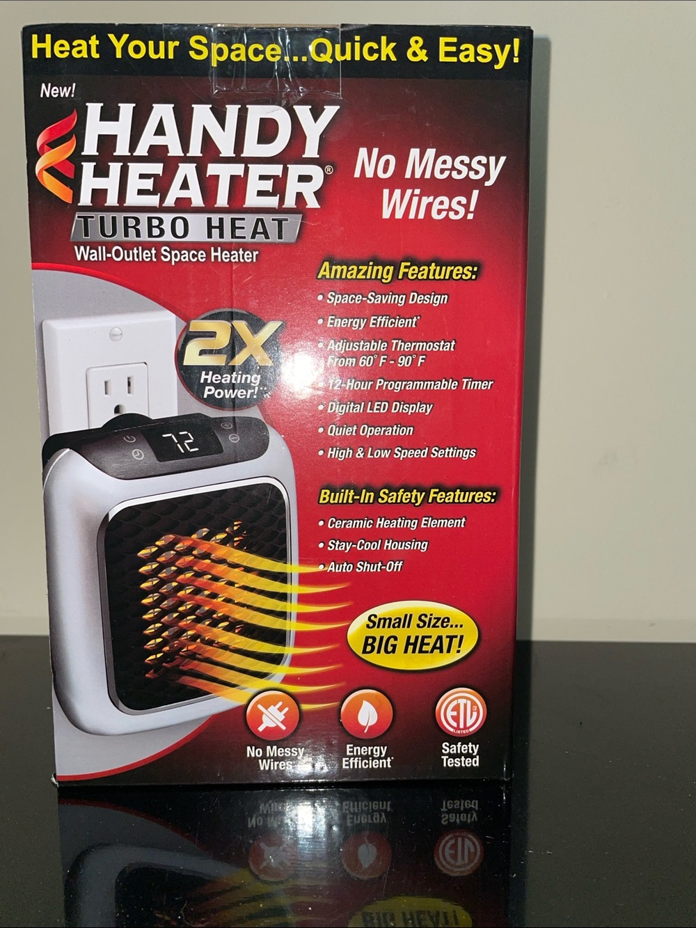 NIB Handy Heater Turbo Heat Wall-Outlet Space Heater - Red/Black/White